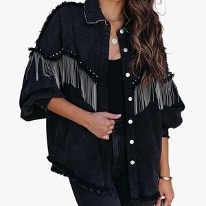 Frayed Tassel Black Denim Jacket